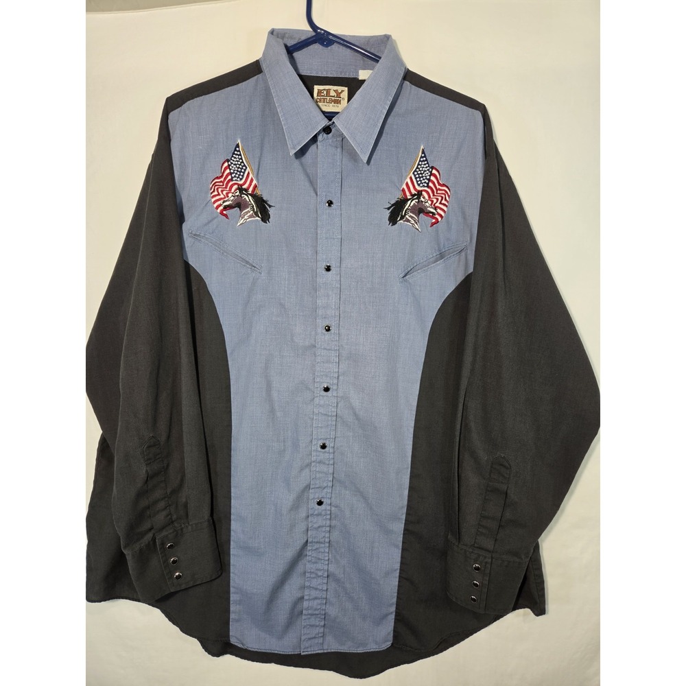 Ely Cattleman Pearl Snap Western Shirt Mens 2XL Horse American Flag Embroidered